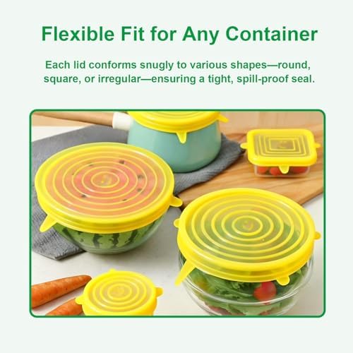 Silicone Stretch Lids – 6 Pack Reusable Food Covers,Flexible Silicone for Bowls, Containers, Fruits – Airtight & Leakproof Seal for Kitchen Storage(yellow) - Image 4