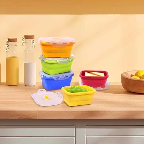 5 Pack Collapsible Silicone Food Storage Containers with Leak-Resistant Lids, 12 oz Small Foldable Snack Box Bento Box, For Kitchen, Office, Camping, Travel, BPA Free - Image 2
