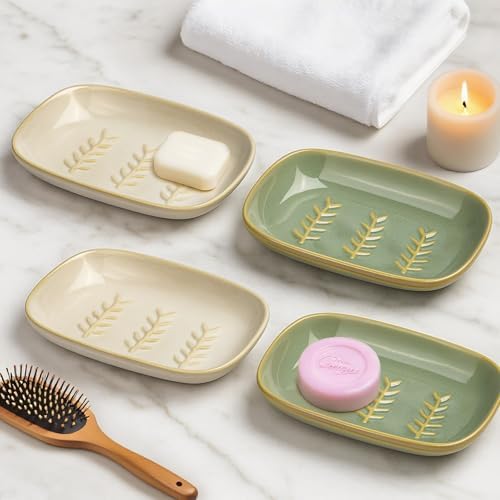 2 Pack Ceramic Soap Dish for Cleaner Shower, Decorative Soap Holder for Bar Square Shampoo or Sponge, Cute Shower Soap Dish Soap Saver Tray Container for Bathroom Kitchen Sink, Easy to Clean - Image 3