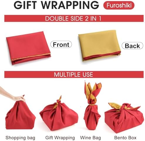 Furoshiki Japanese Wrapping Cloth Eco Gift Wrap Paper Reversible Eco-bag Christmas birthday Gift Wrapping Bento Lunch Cake Wine Bottle Box Kimono Cover (Bright Red and Yellow, 27.6 x 27.6 inches) - Image 3