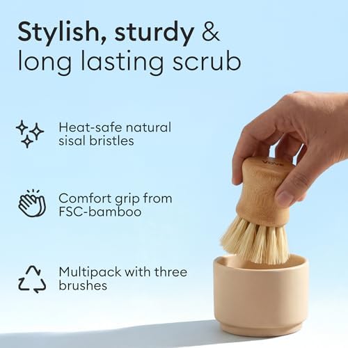 Vove Bamboo Dish Scrub Brush Set 3-Pack, 2 Hard and 1 Medium Brushes - Image 3