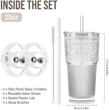 SoulTimes 20oz Ribbed & Floral Glass Tumbler with Lid and Straw – Iced Coffee Glasses Cups for Smoothie, Matcha, Juice, Water etc. Leakproof and Reusable Glassware Drinking for Travel To Go [4 Pcs] - Image 3