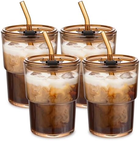 13oz Glass Tumbler with Straw and Lid, Reusable Iced Coffee Cups, Matcha Smoothies Cup, Thick Wall Seal Drinking Glassware Water Cups,Suit for Car Cup Holder (Amber-4pack) by MINGHYZYA