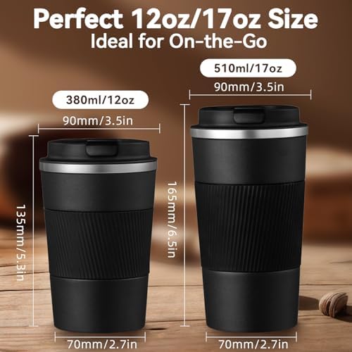 12OZ Travel Coffee Mug Insulated Coffee Cup with Spill Leak Proof Lid, Portable Stainless Steel Tumbler Reusable Hot and Cold Water Mug for Car, Daily, Camping-Black - Image 2