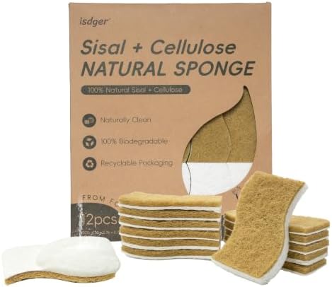 Natural Sponge 12 Pack, S-Shaped Biodegradable Cellulose & Sisal Sponge by ISDGER