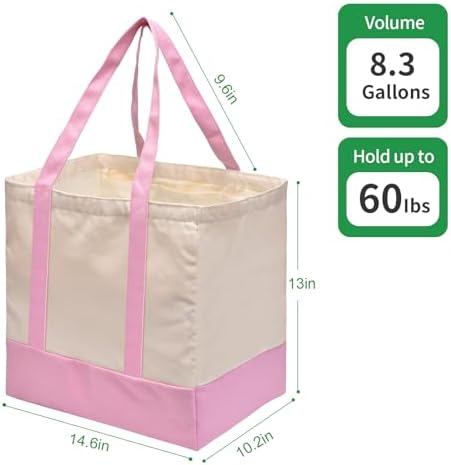 1-Pack Heavy Duty Canvas Reusable Grocery Bags, 8.3 Gal Foldable Large Tote with Handles, Washable Eco-friendly Bags with 5 Pockets, (Pink/Beige) - Image 5