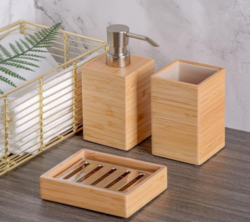 Clasin Home Bamboo Bathroom Accessories Set, 3 Pcs Wood Bathroom Accessories Soap Dispenser, Toothbrush Holder, Soap Dish, Kitchen Soap Dispenser Set for Home Decor, Housewarming Gift - Image 4