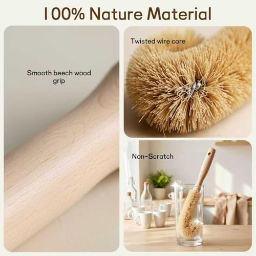Wooden Bottle Brush - L-Shape Long Handle Cup Scrubber for Water Bottles, Decanters & Glassware - Beech Wood Kitchen Cleaning Tool (Multipack) (4) - Image 5