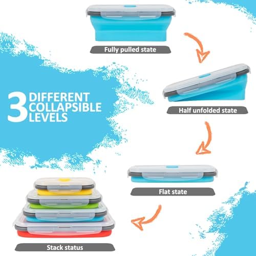 Collapsible Silicone Food Storage Containers Set with Lid & Air Vent, Foldable Lunch Containers, 8 Pack (4 Rectangular + 4 Round Bowls), BPA-Free, Space-Saving - Image 2
