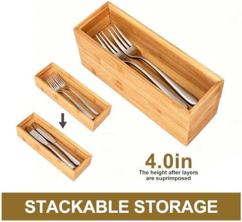 Bamboo Drawer Organizer Set of 2 for Kitchen Drawers, Small Stackable Drawer Organizer for Silverware, Utensils, Cutlery, Flatware, Junk Drawer, Dresser, Bathroom, 9" x 3" x 2" - Image 6