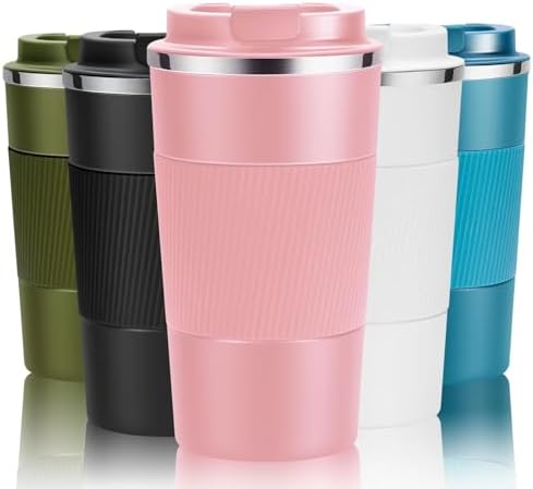 YINJOYI 12oz Travel Coffee Cups Insulated Tumbler Thermal Mug to Go with Lid Leak Proof Reusable Stainless Steel Coffee Mug Spill Proof for Hot and Iced Cold Drinks (Pink, 380ml) by YINJOYI