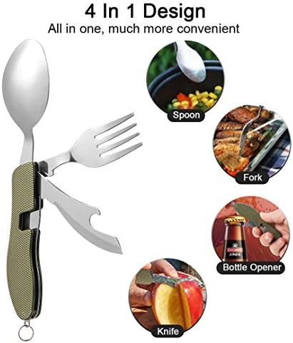 2Pcs Detachable Camping Utensils Cutlery Set, Caudblor Portable 4 in 1 Stainless Steel Travel Utensil, Foldable Knife Fork Spoon Bottle Opener, Multi Function Eating Flatware Tableware(Green Black) - Image 4
