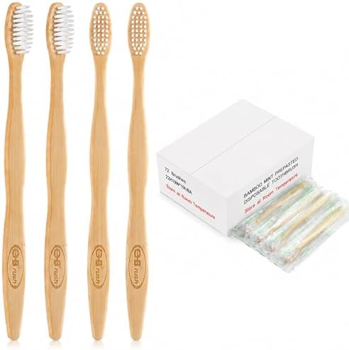 B Rush® 72Pack Bamboo Prepasted Toothbrush, Individually Wrapped Mini Travel Toothbrush with Pre-Pasted Mint Gel, Biodegradable Eco-Friendly Disposable Toothbrushes Travel Set for Adults & Kids by SmileConfidentlywithBrush