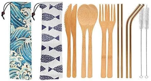 Uptrust Bamboo 2 Set Travel Utensils - Reusable Cutlery with Case, 7.8 Inch Knife, Fork, Spoon, 3 Colors Metal Straw - Golden Straw - Image 2