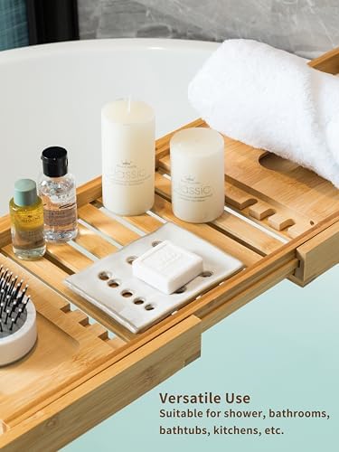 Soap Dish with Self Drain, Bar Soap Holder for Bathroom and Kitchen Sink, Rectangular Soap Dishes for Shower Ceramic Soap Saver, Japanese Soap Tray, White (Pack of 2) - Image 3