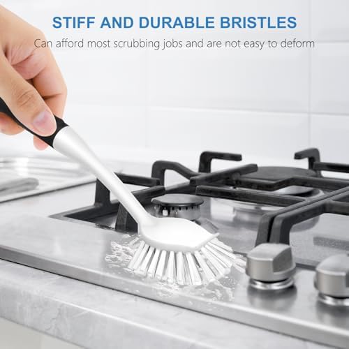 SetSail Dish Brush with Handle, 2 Pack Stiff Bristles Dish Scrubber with Built-in Scraper Dish Scrub Brushes for Cleaning Dishes, Pots and Pans, Kitchen Sink, White - Image 4