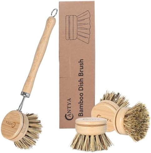 Bamboo Dish Scrubber with Handle - Hard Bristle Natural Bristle Brush Sustainable & Biodegradable Kitchen Scrub Brush for Dishes Pans and Pots by ANTYA