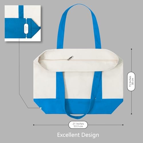 TOPDesign 6-Pack Canvas Tote Bags with an External Pocket, Reusable Grocery Shopping Bags, Top Zipper Closure, Daily Essentials (Ocean Blue/Natural) - Image 5