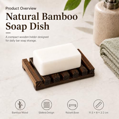 Bamboo Soap Dish for Bar Soap, Raised Wooden Holder with Drain Slots，Carbonized Pine Wood Soap Box - Image 2
