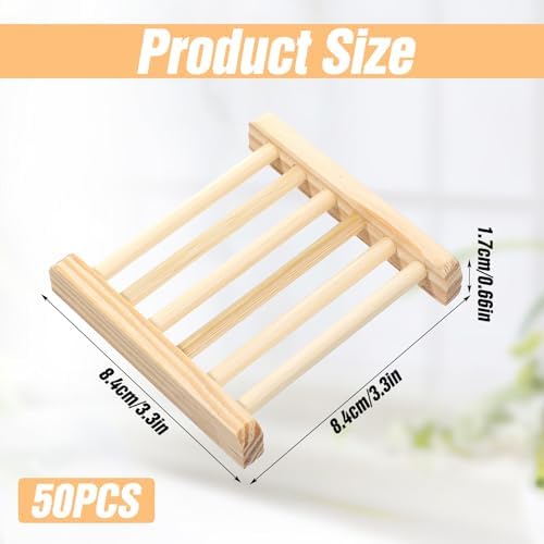 Natural Bamboo Wood Soap Dish with Drainage Tray - Bulk 50 Pcs Wooden Soap Holder for Bathroom, Kitchen Sink, Bar Soaps & Sponges - Rustic Home Decor Organizer, 3.3 x 3.3 x 0.67 Inch - Image 2