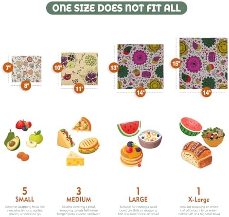 Akeeko Reusable Beeswax Food Wraps - Assorted 9 Packs, Reusable, Plastic-Free Food Storage, 5 Small, 2 Medium, 1 Large, 1 Extra Large Wraps with Plants and Boho Birds Pattern - Image 2
