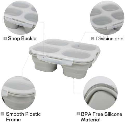 4-Compartment Collapsible Silicone Snack Containers (2-Pack), Leakproof Bento Box for Adults Portion Control, Space Saving Food Storage snakle box with Airtight Clip Lids, Microwave Safe (2) - Image 3
