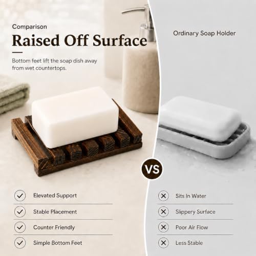 Bamboo Soap Dish for Bar Soap, Raised Wooden Holder with Drain Slots，Carbonized Pine Wood Soap Box - Image 6