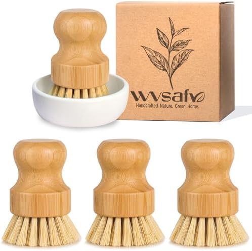 Bamboo Dish Scrub Brush for Kitchen Sink, Natural Wooden Washing Dish Brush Scrubber, Sisal Bristles Brush for Household Cleaning Cast Iron Brush Pots(Ceramic Dish+ 4P Sisal) by WVSAFV
