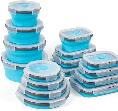 Collapsible Silicone Food Storage Containers Set with Lid & Air Vent, Foldable Lunch Containers, 16 Pack (8 Rectangular + 8 Round Bowls), BPA-Free, Space-Saving by SiliseaDirect