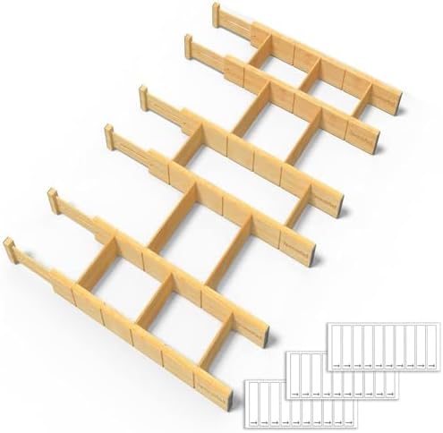 SpaceAid Bamboo Drawer Dividers with Inserts and Labels, Kitchen Adjustable Drawer Organizers, Expandable Organization for Home, Office, Dressers and Bathroom, 6 Dividers with 12 Inserts (17-22 in) by SpaceAid