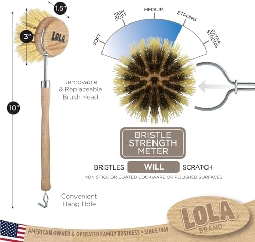 LOLA - The Original- Pot & Pan Brush, Heavy Duty Brass Wire & Tampico Bristles, Handle Made from Sustainable Birch Wood for Cleaning, 1 Count - Image 5