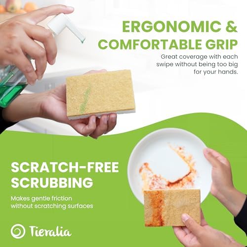 Tieralia Natural Dish Sponge Set – 12-Pack Eco-Friendly & Compostable Scrubbers | Cellulose & Sisal | Non-Toxic, Odor-Free, Reusable Kitchen Sponges for Dishes, Sink, Pots & Pans - Image 5