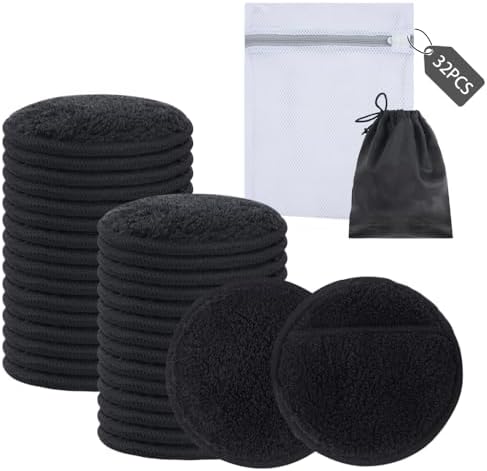 SUNLAND Reusable Makeup Remover Pads for Face,Eye,Lips 32 Pack Microfiber Face Cleansing Gloves Washable with Laundry Bag and Travel Bag Rounds Toner Pads（Round 3.15inchx32,Black） by SUNLAND