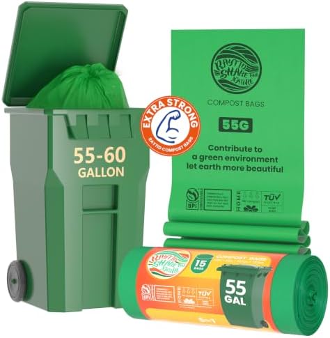55-60 Gallon Compostable Trash Bags Liners, Heavy Duty Extra Thick 1.57 Mil, 208.2 Liter, 15 Bags, Lawn, Yard, and Restaurant Use, ASTM D6400, US BPI, OK Compost Home Certified - Image 2