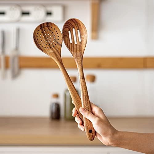 Gudamaye 13 inch Long Wooden Spoons for Cooking,Wooden Utensils for Cooking with Utensils Holder,9 PCES Wooden Kitchen Utensils Set with Utensils Holder and Spoon Rest,Natural Teak Wooden Spoons Set - Image 6