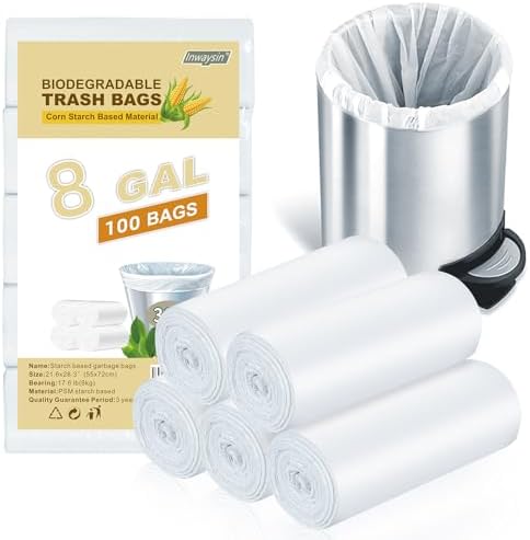 Medium Trash Bags 8-Gallon Compostable-Garbage-Bag - 100 Counts Clear White Tall Kitchen Unscented Biodegradable Thick Strong Compactor Waste Basket Liners for Bathroom Restroom Inwaysin by Inwaysin