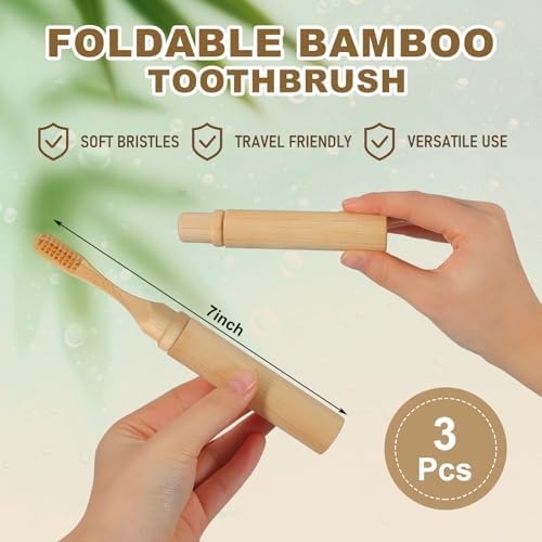 3 Pcs Foldable Bamboo Toothbrush Travel with Case, Fiber - Image 2