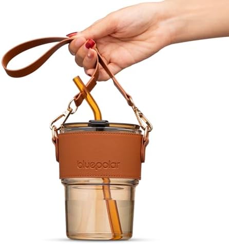 BLUEPOLAR 13 oz Tumbler Water Glass, Water Bottle with Straw and Dustproof Lid, Coffee Ice Cup Double Wall Insulated Glass Cup (Amber with Sleeve and Strap) by BLUEPOLAR
