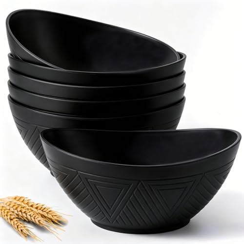Homienly Wheat Straw Bowls Set of 6, 60 OZ Salad Bowl Large Capacity for Soup, Popcorn - Unbreakable Serving Bowl - Microwave & Dishwasher Safe Bowl, Alternative for Plastic Bowls for Kitchen - Black by HOMIENLY