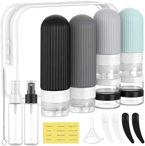 ME.FAN Travel Bottles for Toiletries,18 Pack Silicone Portable Size Bottle, TSA Approved Refillable Cosmetic Container Kits for Conditioner, Shampoo, Lotion,Face Cream - Grey by MEFAN