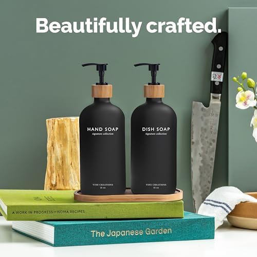 Vine Creations Black Glass Soap Dispenser Set, Hand Soap and Dish Soap Dispenser Set with Bamboo Tray, 16 oz Glass Dispensers Bottle for Kitchen and Bathroom Decor Modern Boho with Bamboo Pump (Black) - Image 2