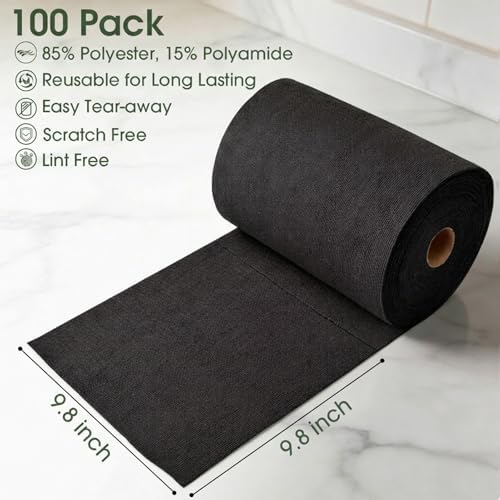 Microfiber Cleaning Cloth Roll - 100 Pack Tear Away Microfiber Paper Towels, Reusable, Washable, Scratch-Free, Kitchen Towels for Car, Home, Kitchen, Glass, Dishes (Black) - Image 2