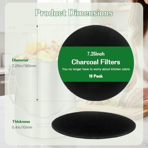 Compost Bin Charcoal Filters 10 Pack, 7.25 Inch Round, Extra Thick 0.3 Inch for Longer Lasting Odor Absorption, Countertop Pail Refills - Image 2