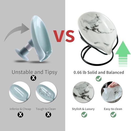 Dobbyby Leaf-Shaped Soap Dish – Ceramic Soap Bar Holder with Self-Drainage System – Bar Soap Holder for Shower, Bathroom Sink, Kitchen – Soap Dish with Stainless Steel Stand (White-Black-2 Pack) - Image 2