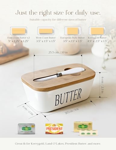 Ceramic Butter Dish with Lid and Knife & Silicone Seal for Countertop White - Image 2