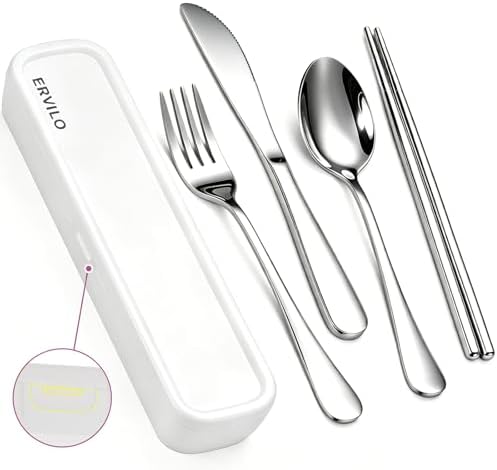 Travel Utensils with Case, Stainless Steel Portable Cutlery Set, Lunch Box Silverware for Work Camping Picnic, Reinforced Case with Snap-Lock Closure, Include Fork Spoon Knife Chopsticks, Silver by SilverwareSet