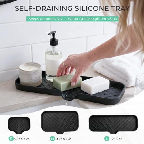 MicoYang Silicone Soap Dish with Drain Spout — Self-Draining Double Sink Organizer Tray for Kitchen & Bathroom, Dispensers, Sponges & Soap Holder, Non-Slip & Dishwasher Safe, Black (Large, 12"×4") - Image 6