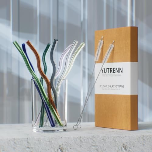 YUTRENN Reusable Glass Straws Sets of 8 Wavy Colorful Drinking Straw with 2 Cleaning Brushes, 8 inches 0.3" Thick Clear Straws High Borosilicate Glass Straw for Tumblers 10 Pack Gift Wrap by YUTRENN