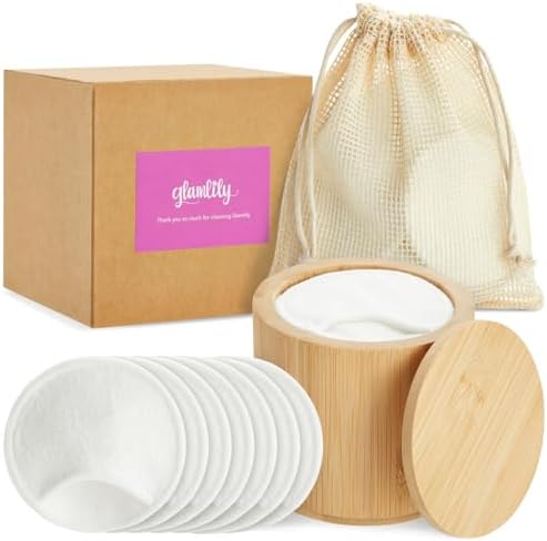 Glamlily Reusable Cotton Pads for Face Makeup Removal with Bamboo Holder and Mesh Storage Bag (White) 16 Pack by Glamlily