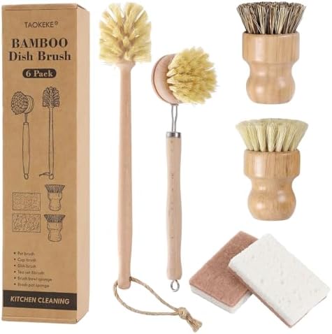 6 Pack Bamboo Dish Brush & Sponge Set, Wooden Handle Kitchen Scrub Brushes with Natural Sisal & Palm Fiber Heads, Multi-Purpose Dishwashing Cleaner for Dishes, Pots, Bottles, Vegetables by Unknown